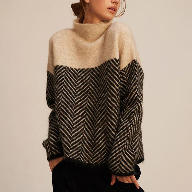 Chloe - Pull col montant chevron Beige - Meralie Boutique