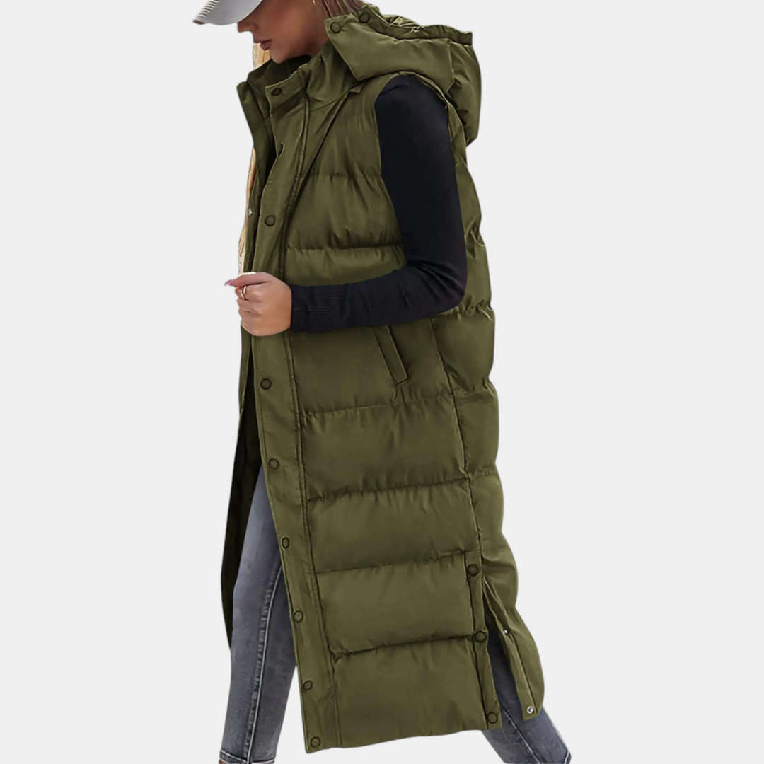 Nathalie - Gilet matelasse maxi capuche Vert Militaire - Meralie Boutique