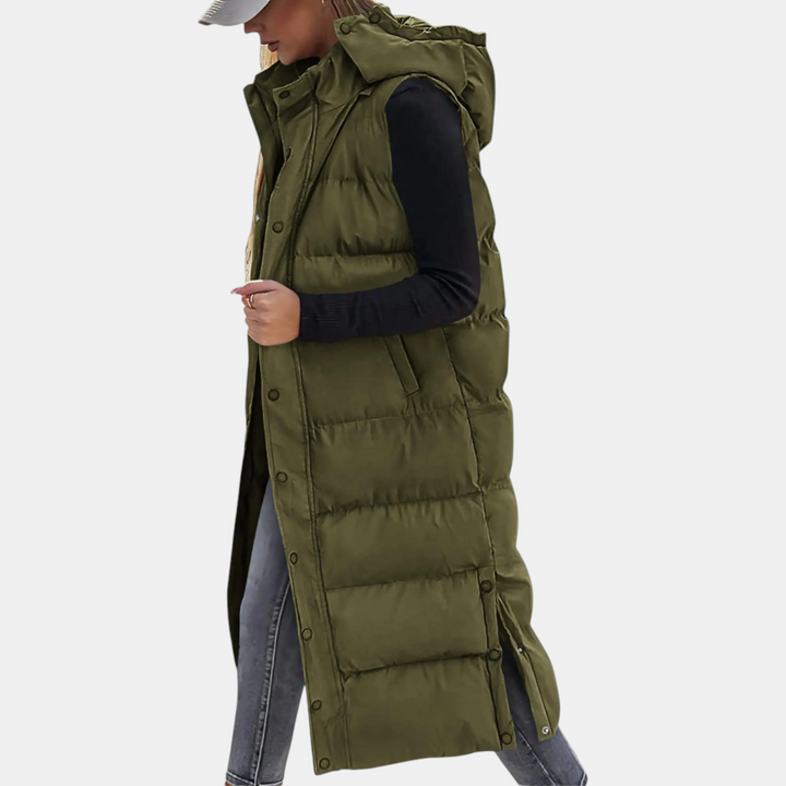 Nathalie - Gilet matelasse maxi capuche Vert Militaire - Meralie Boutique
