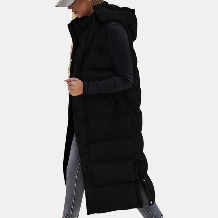 Nathalie - Gilet matelasse maxi capuche Noir - Meralie Boutique