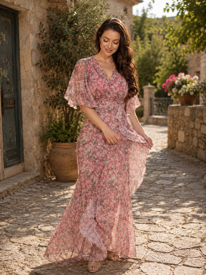 Camille | Robe Maxi Florale à Enveloppe avec Manches Volantes