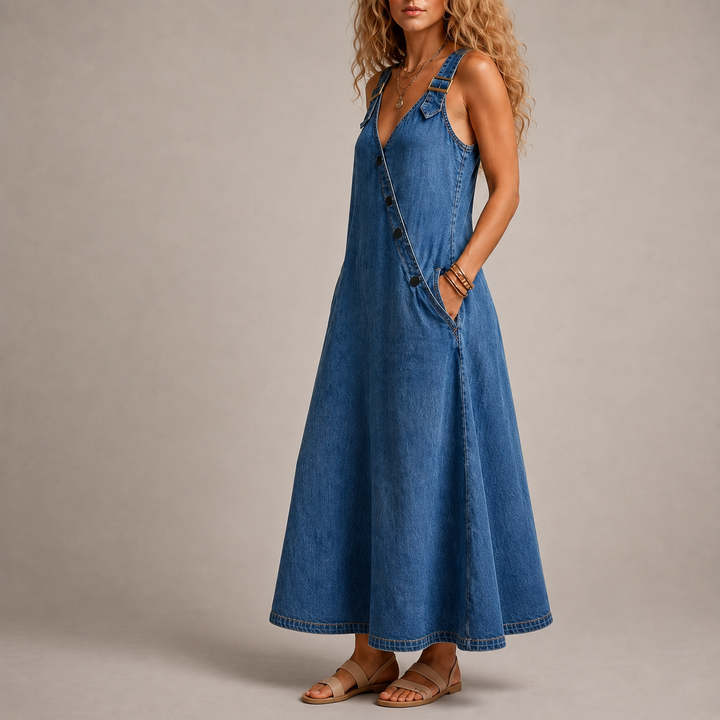 Lena | Robe Denim Bretelles à Boutons