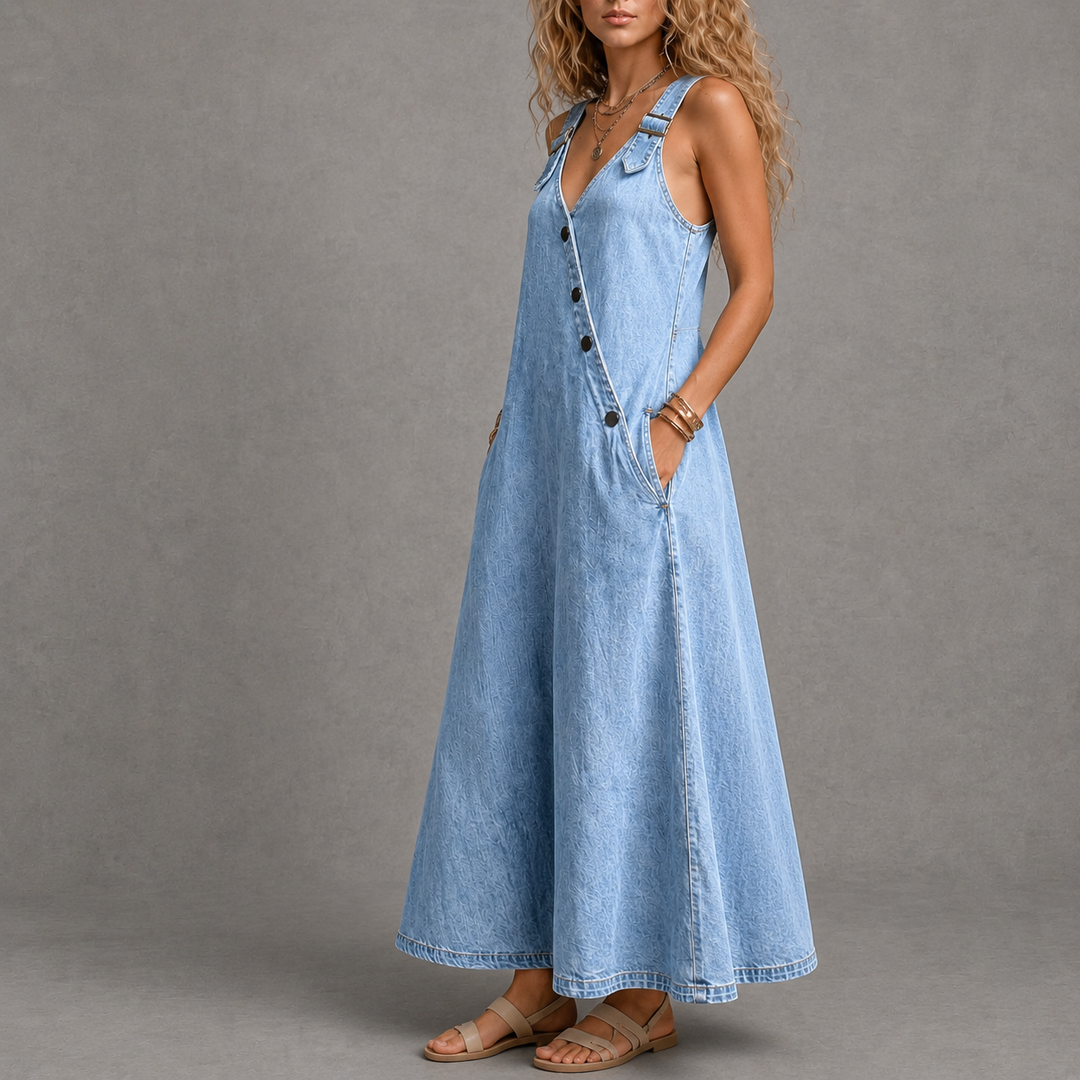 Lena | Robe Denim Bretelles à Boutons