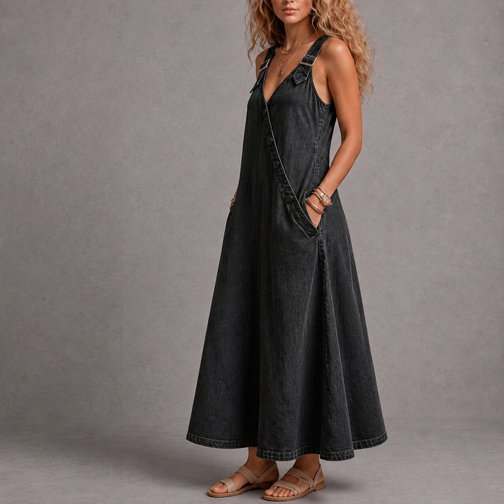 Lena | Robe Denim Bretelles à Boutons