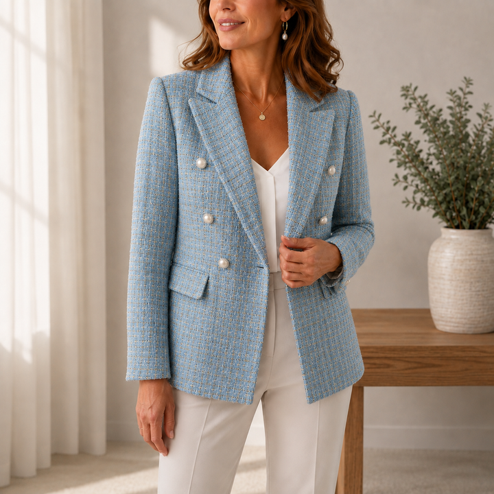 Léa™ | Blazer Croisé en Tweed à Carreaux