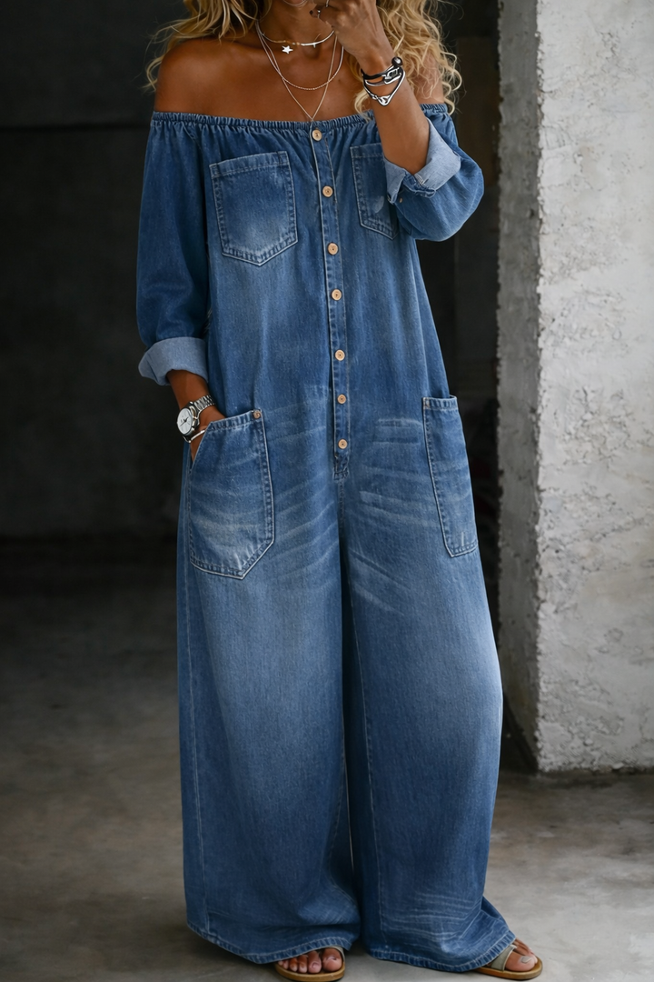 Elena - Combinaison denim épaules dénudées Bleu - Meralie Boutique