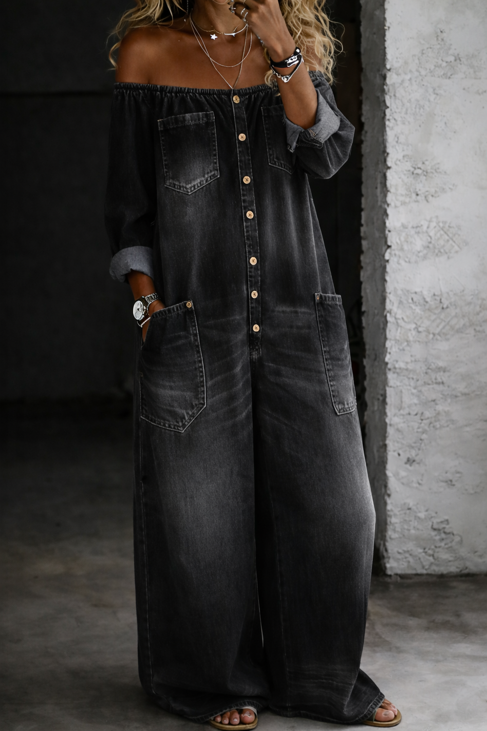 Elena - Combinaison denim épaules dénudées Noir - Meralie Boutique