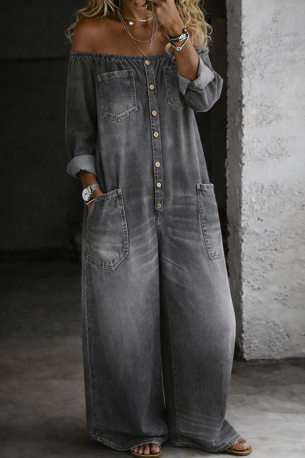 Elena - Combinaison denim épaules dénudées Gris - Meralie Boutique