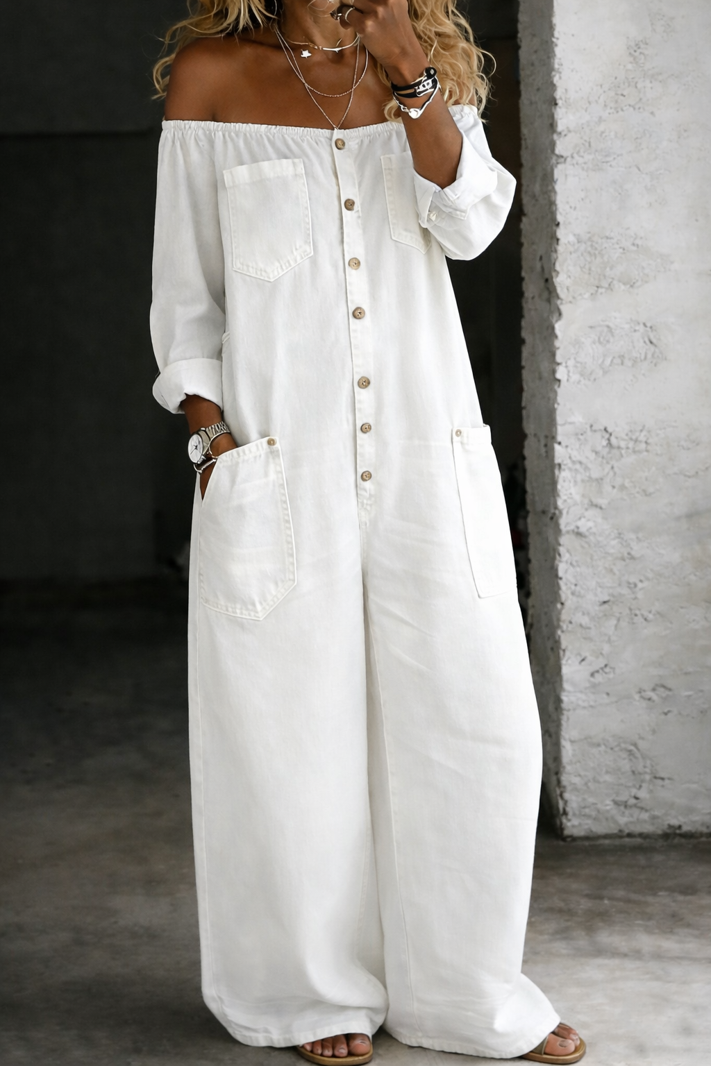 Elena - Combinaison denim épaules dénudées Blanc - Meralie Boutique