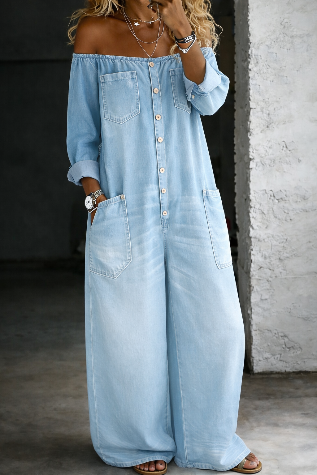 Elena - Combinaison denim épaules dénudées Bleu Clair - Meralie Boutique