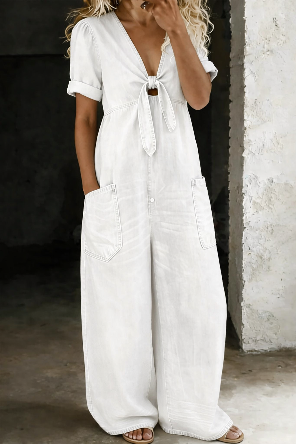 Maya - Combinaison denim col en V Blanc - Meralie Boutique