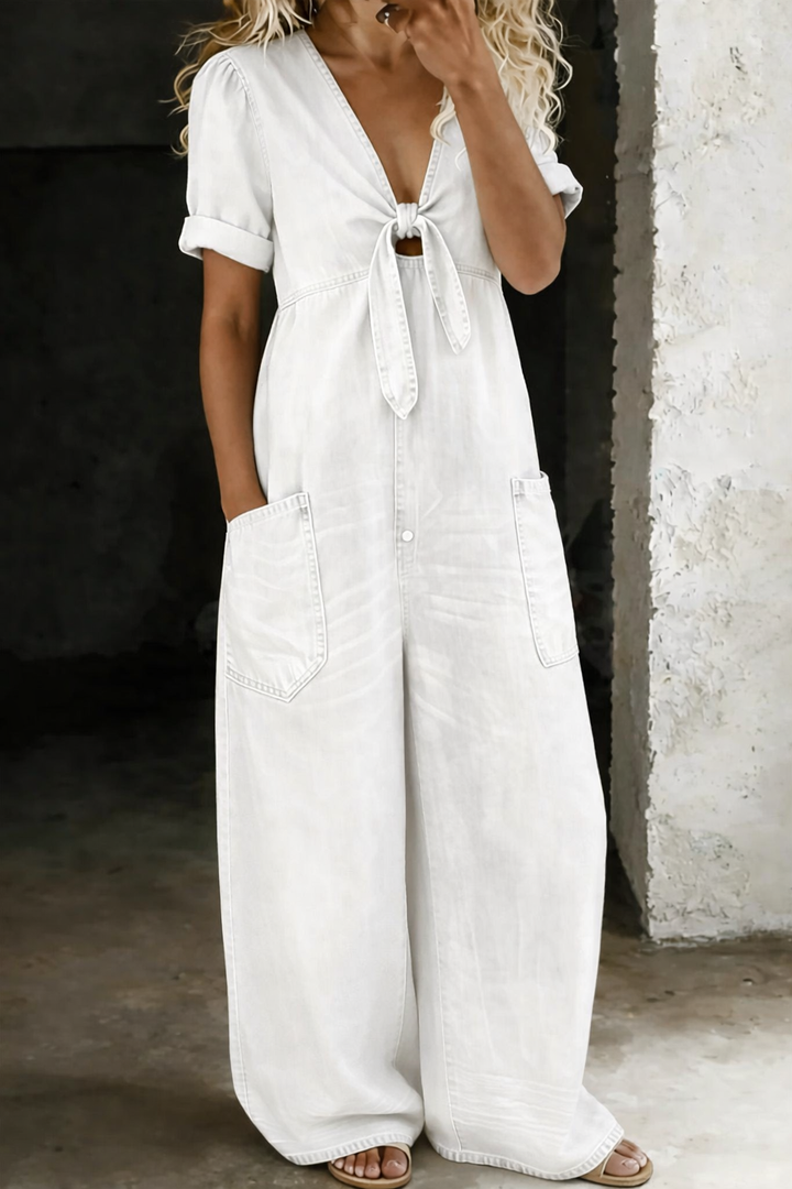 Maya - Combinaison denim col en V Blanc - Meralie Boutique