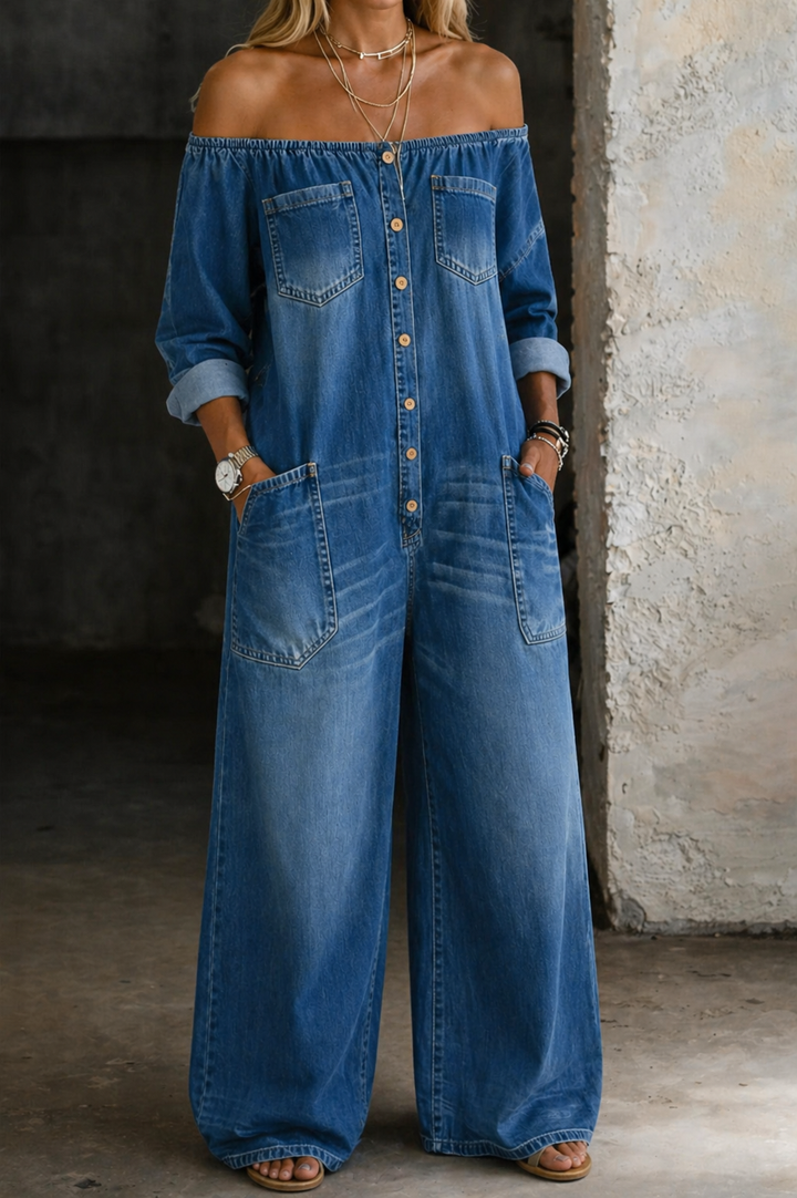 Elena - Combinaison denim épaules dénudées Bleu - Meralie Boutique