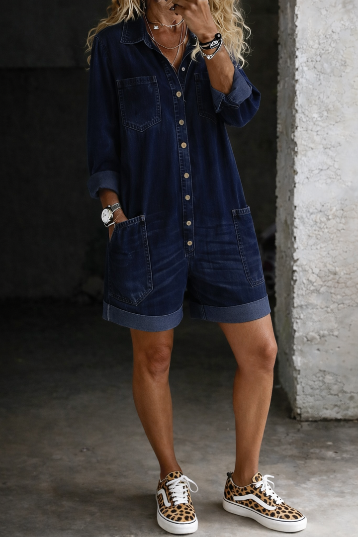 Nora - Combinaison short en denim Marine - Meralie Boutique