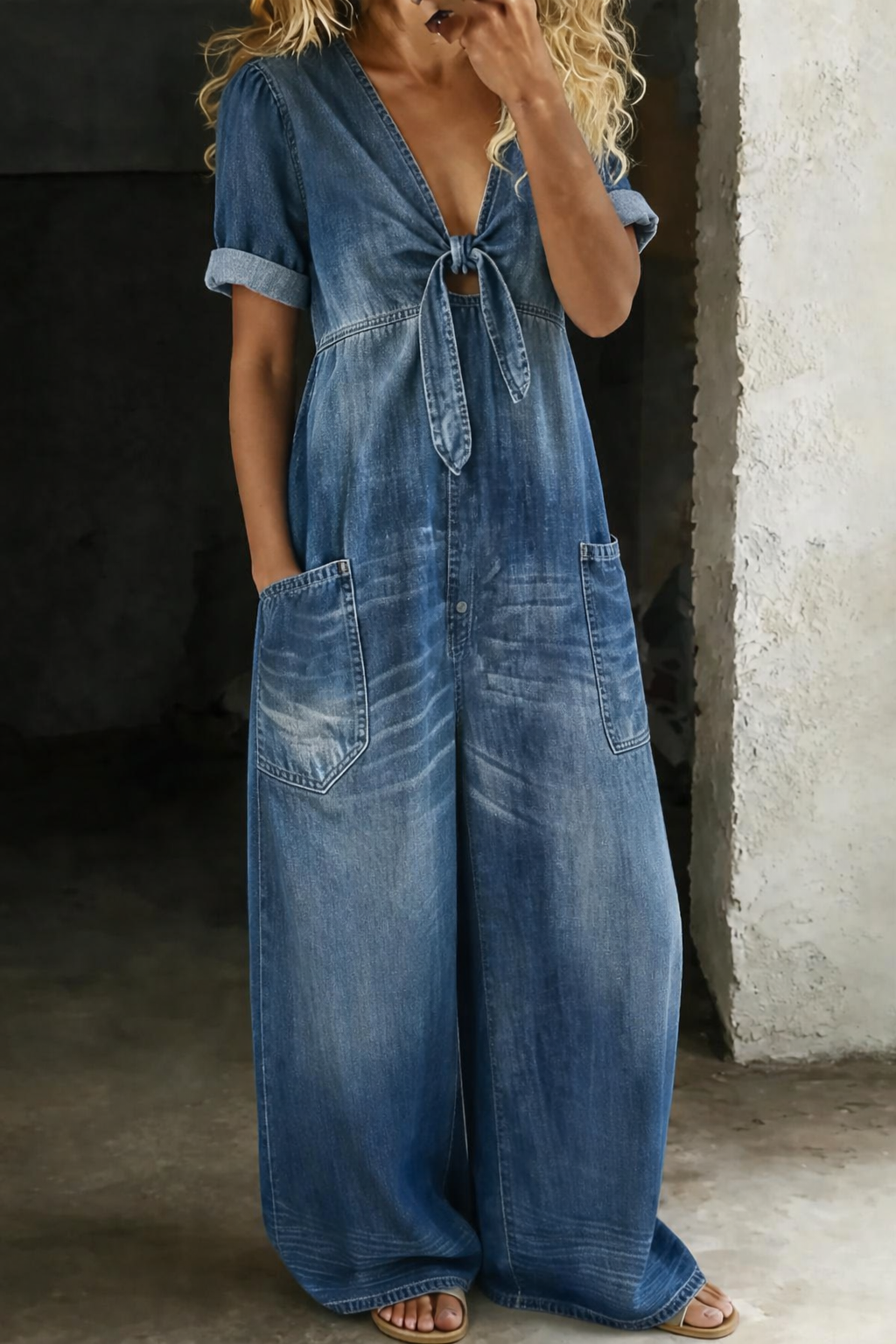 Maya - Combinaison denim col en V Bleu - Meralie Boutique