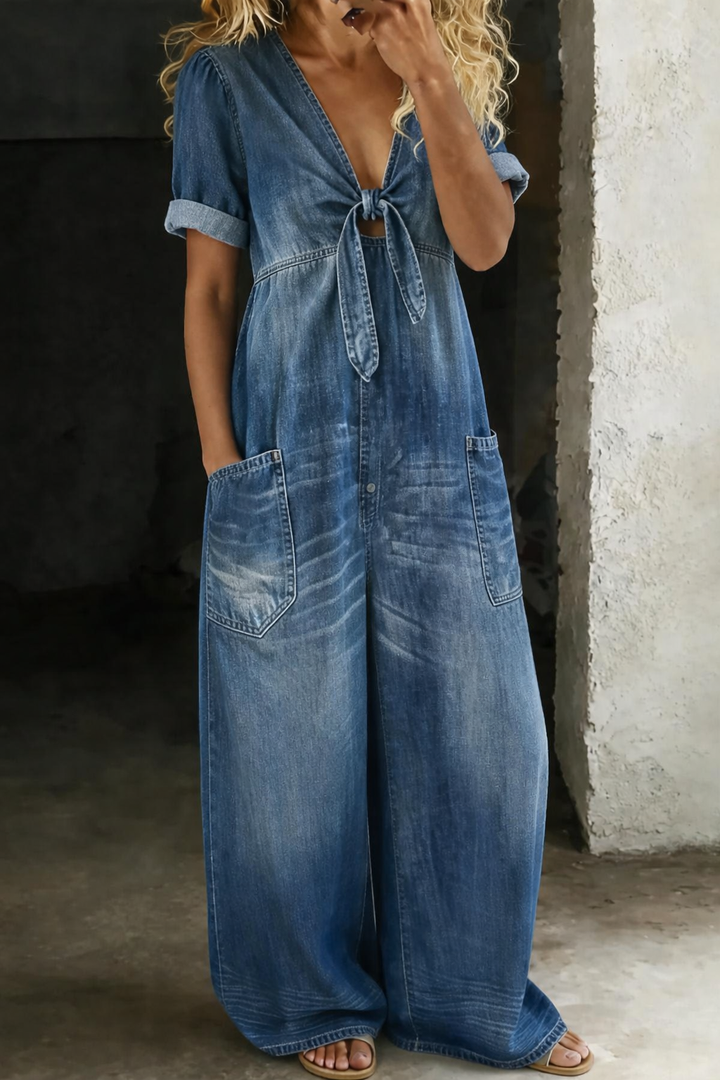 Maya - Combinaison denim col en V Bleu - Meralie Boutique