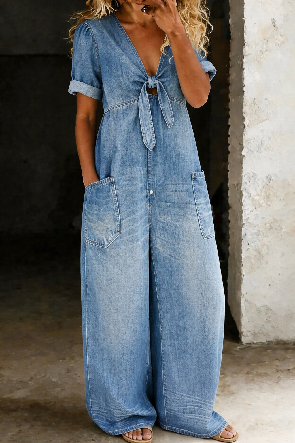 Maya - Combinaison denim col en V Bleu Clair - Meralie Boutique