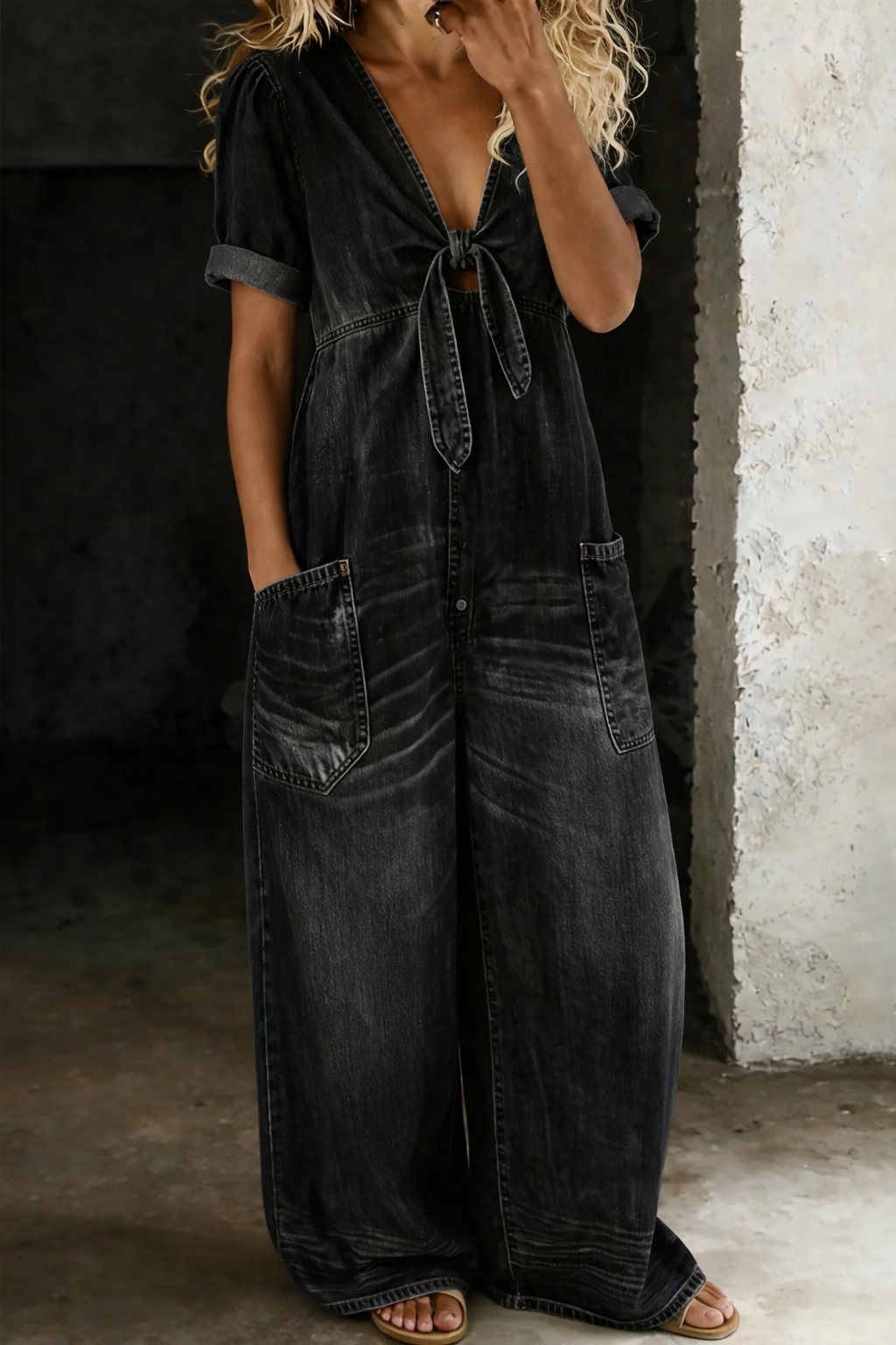 Maya - Combinaison denim col en V Noir - Meralie Boutique