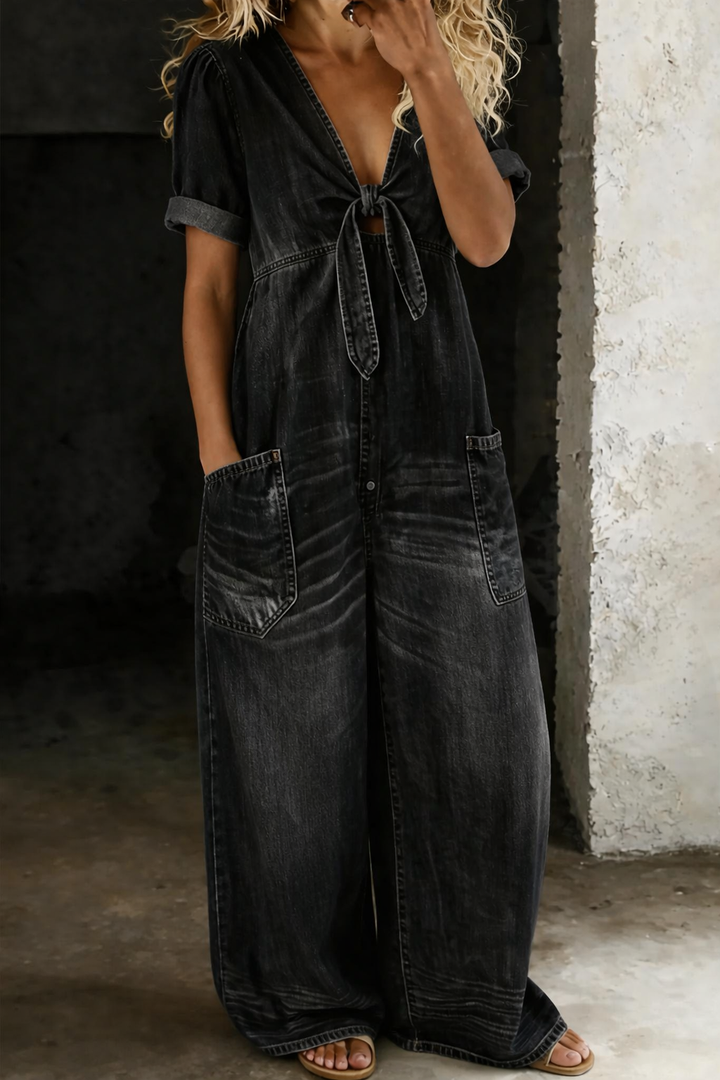 Maya - Combinaison denim col en V Noir - Meralie Boutique
