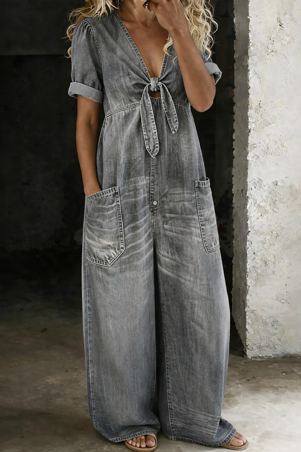 Maya - Combinaison denim col en V Gris - Meralie Boutique