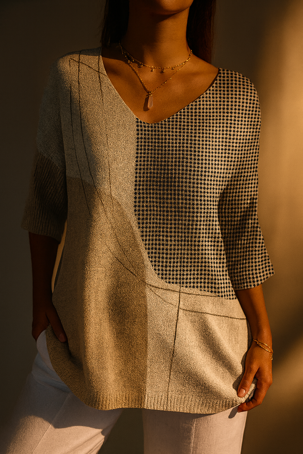 Pull en tricot décontracté avec motif géométrique abstrait pour femmes
