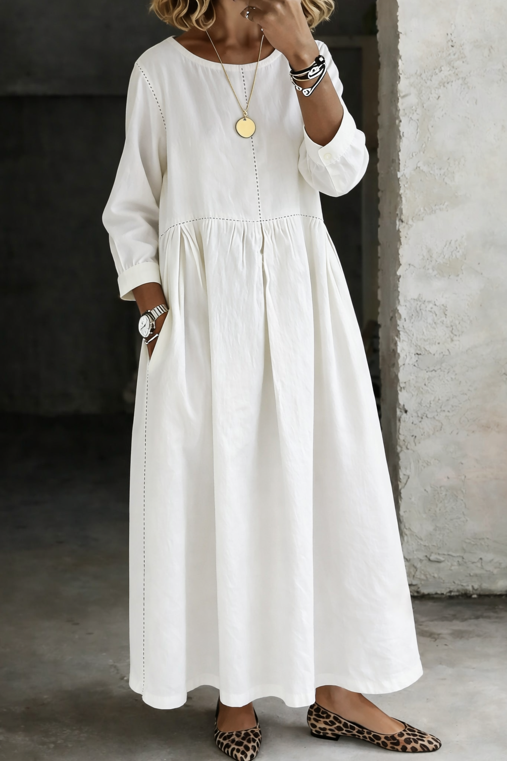 Robe midi en denim Blanc