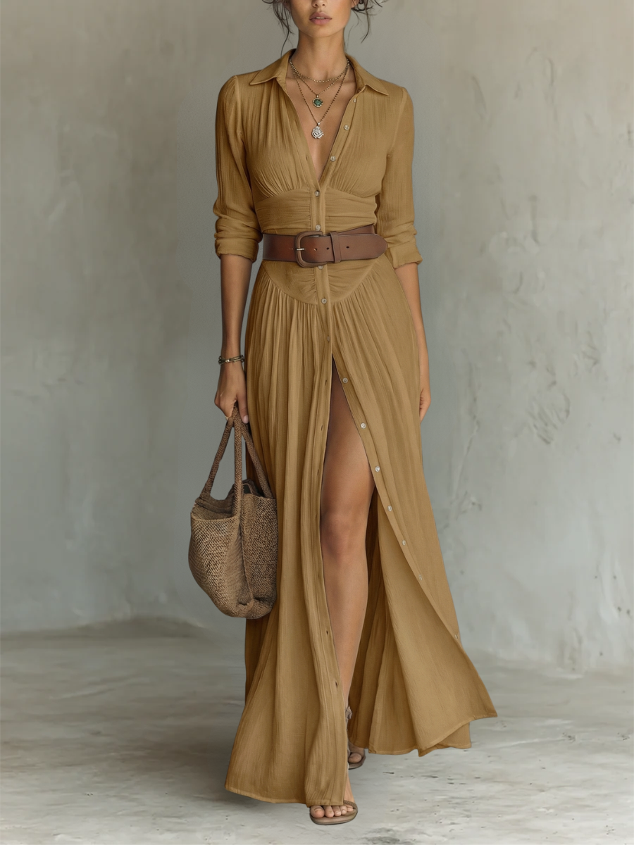 PAMELA | ROBE CHEMISE MAXI PLISSEE