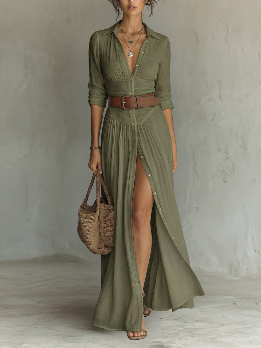 PAMELA | ROBE CHEMISE MAXI PLISSEE