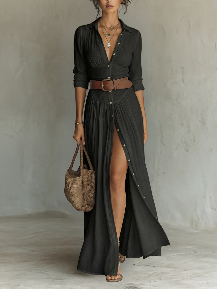 PAMELA | ROBE CHEMISE MAXI PLISSEE