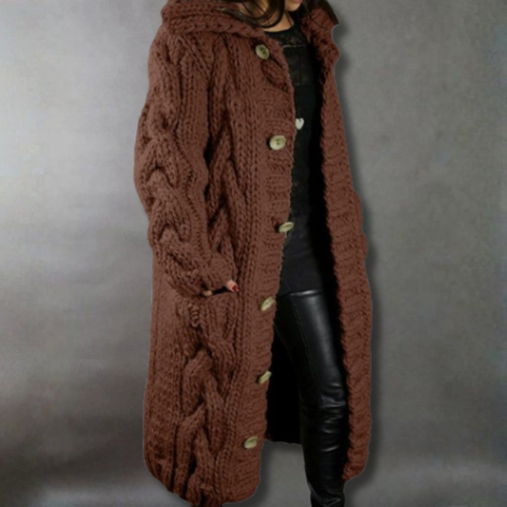 Karina - Manteau tricot torsade Marron - Meralie Boutique
