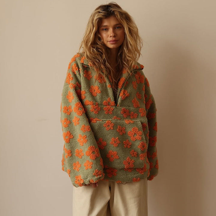Becca - Gilet moelleux imprime floral Orange - Meralie Boutique