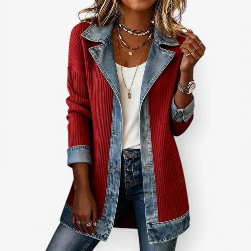 Sylvie - Veste tricot cotele denim Rouge - Meralie Boutique