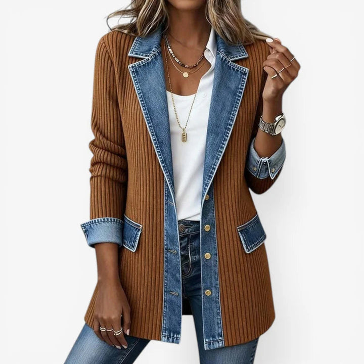 Sylvie - Veste tricot cotele denim Kaki - Meralie Boutique