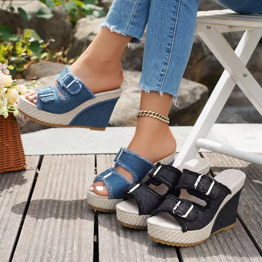 Sandales à talons compensés Elara en denim