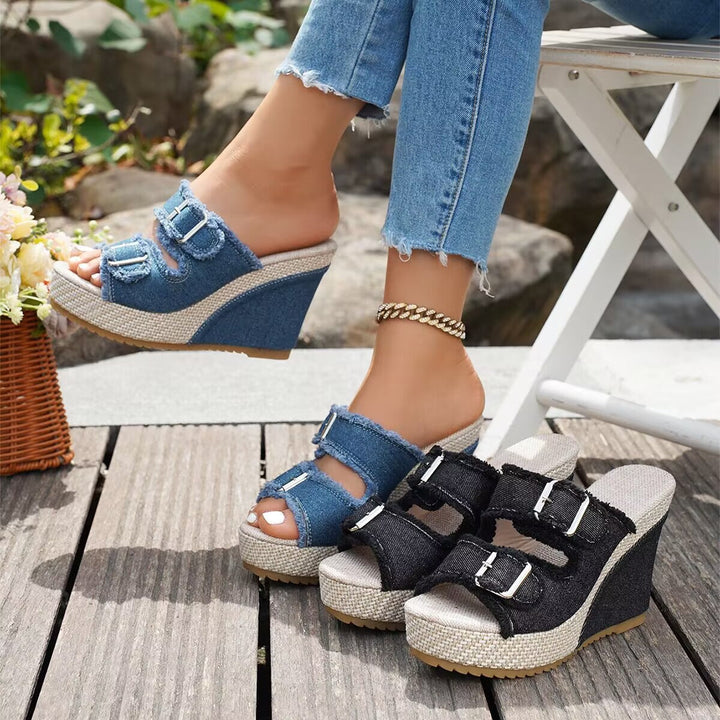 Sandales à talons compensés Elara en denim