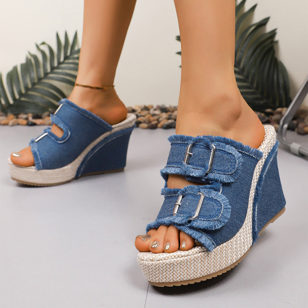 Sandales à talons compensés Elara en denim
