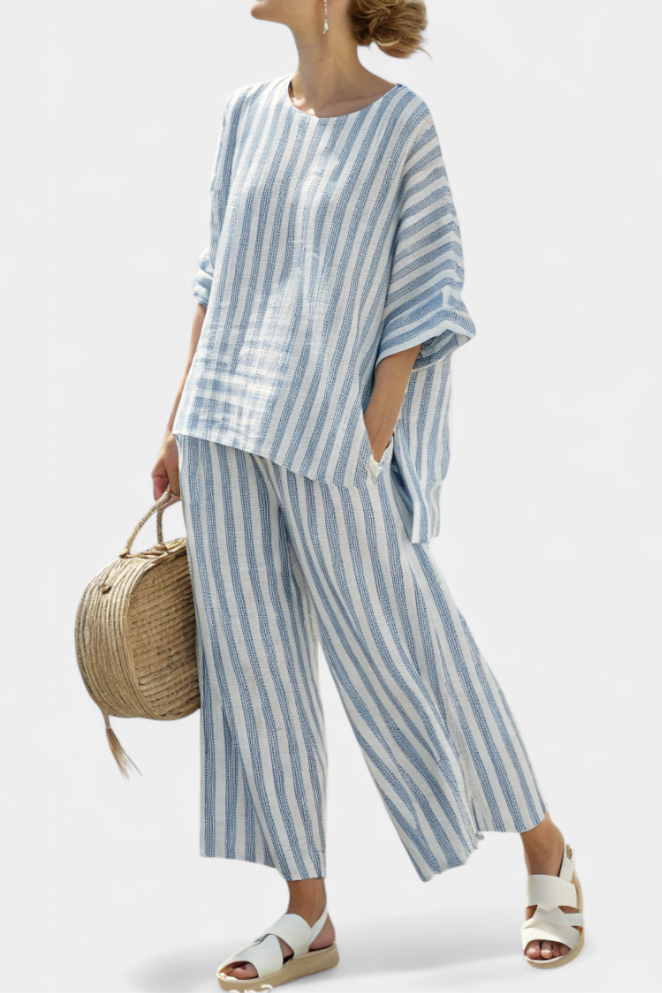 Rensleigh | Ensemble en Lin Rayé Bleu Sophistiqué avec Pantalons Décontractés