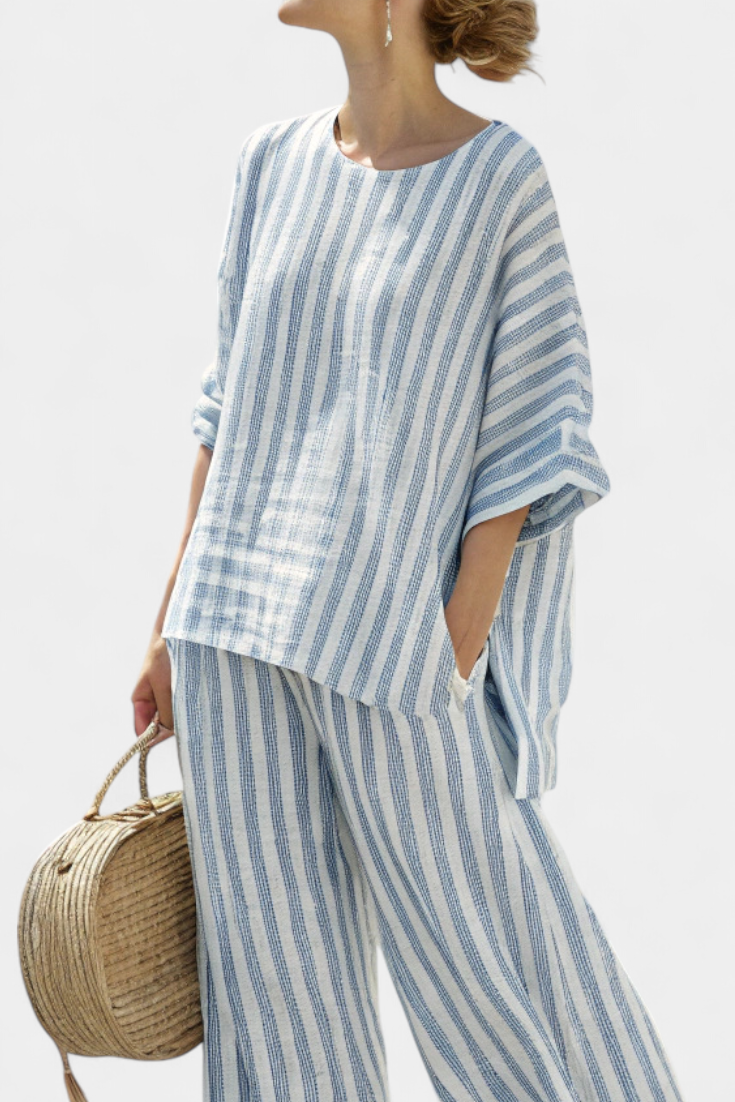 Rensleigh | Ensemble en Lin Rayé Bleu Sophistiqué avec Pantalons Décontractés