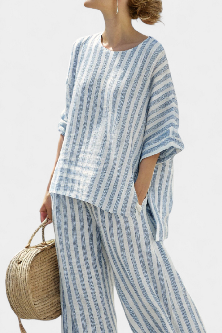 Rensleigh | Ensemble en Lin Rayé Bleu Sophistiqué avec Pantalons Décontractés