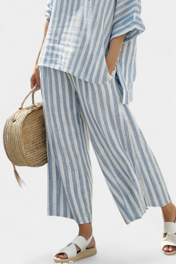 Rensleigh | Ensemble en Lin Rayé Bleu Sophistiqué avec Pantalons Décontractés