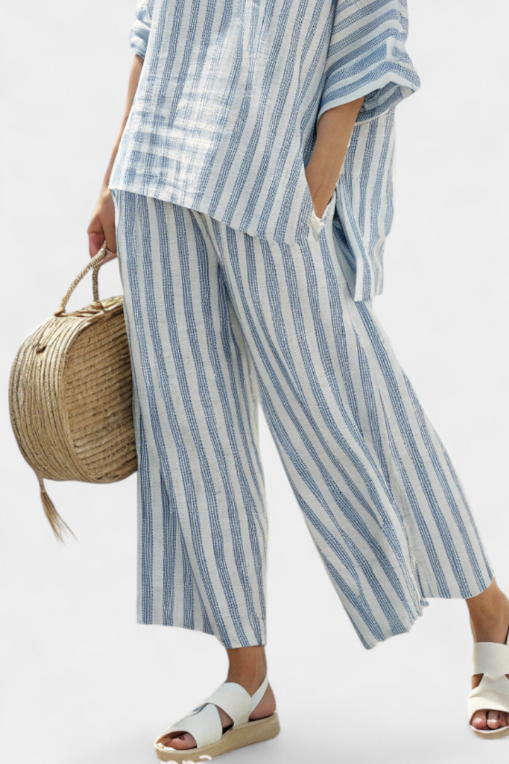 Rensleigh | Ensemble en Lin Rayé Bleu Sophistiqué avec Pantalons Décontractés