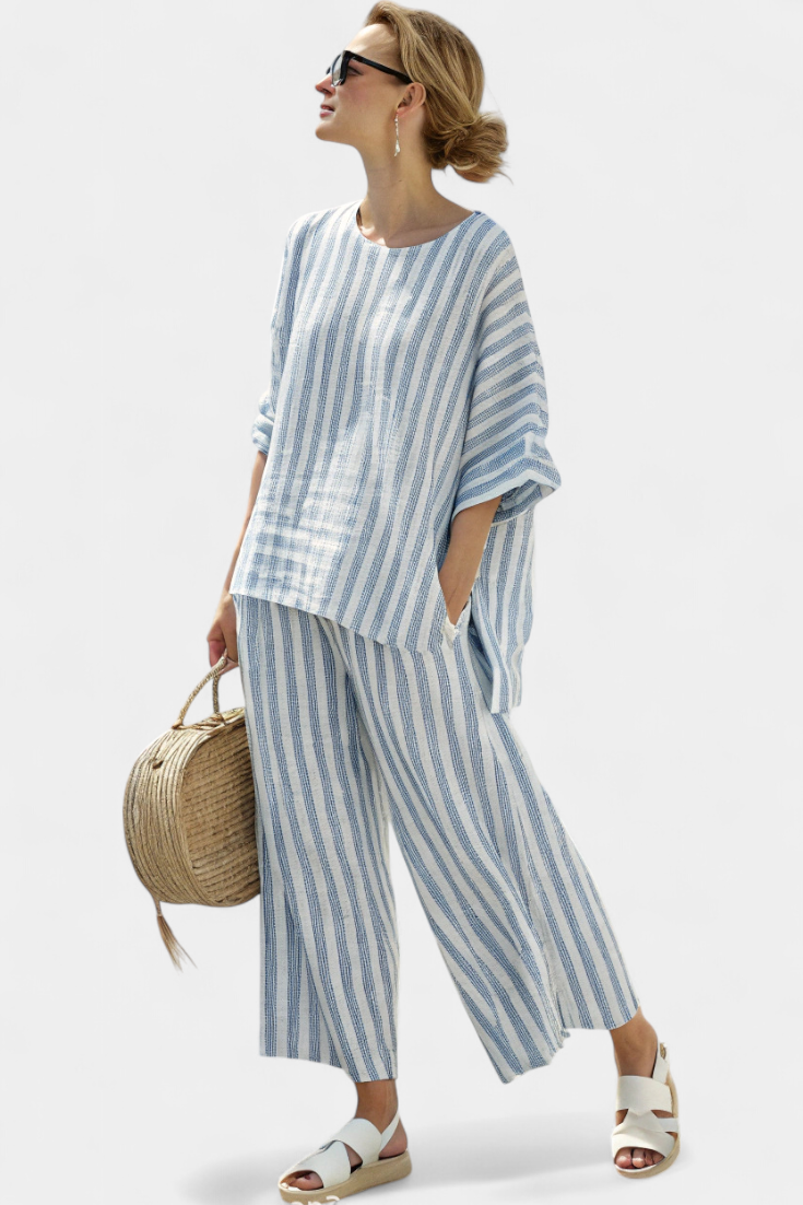 Rensleigh | Ensemble en Lin Rayé Bleu Sophistiqué avec Pantalons Décontractés