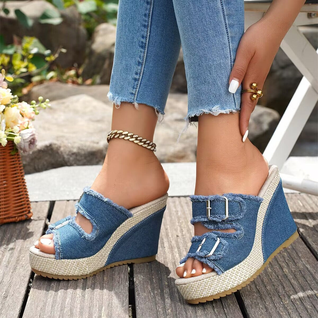 Sandales à talons compensés Elara en denim
