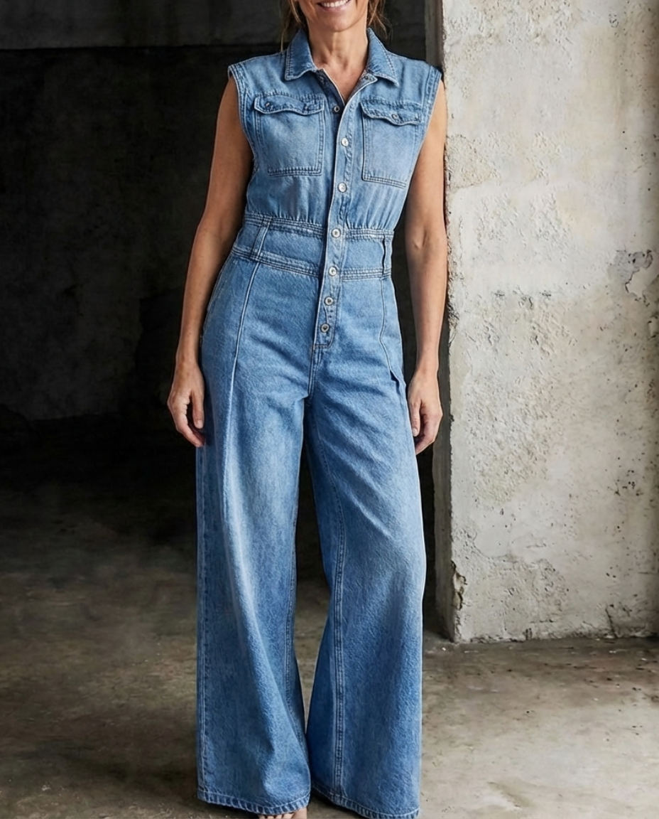 Stella - Combinaison denim taille cintrée jambes larges Bleu - Meralie Boutique