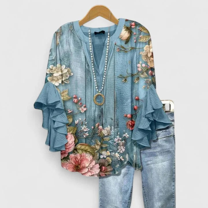 Camille - Chemise imprime floral Blanc Bleu - Meralie Boutique
