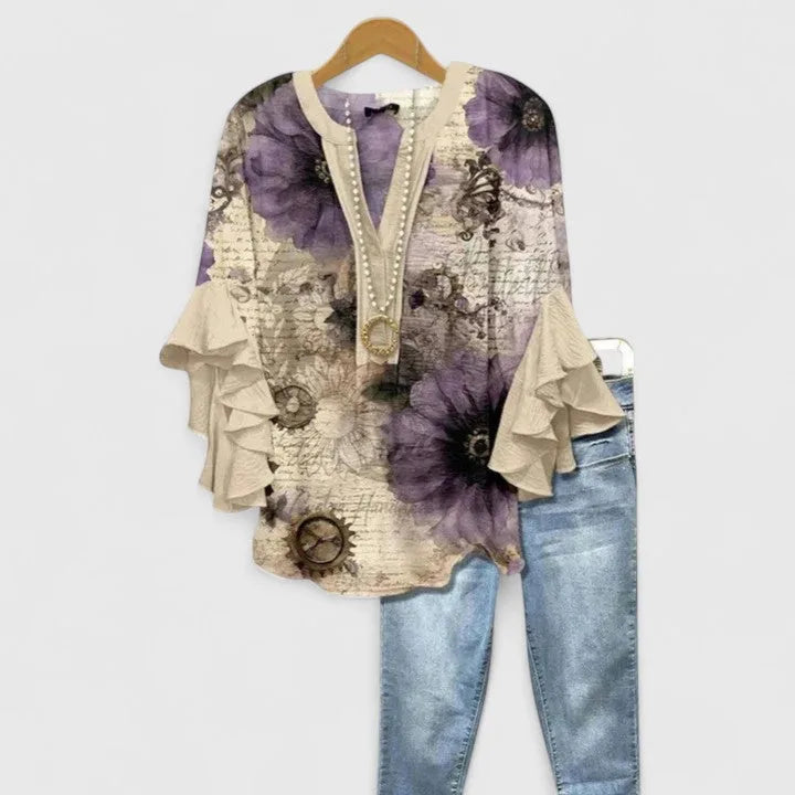 Camille - Chemise imprime floral Blanc Bleu - Meralie Boutique