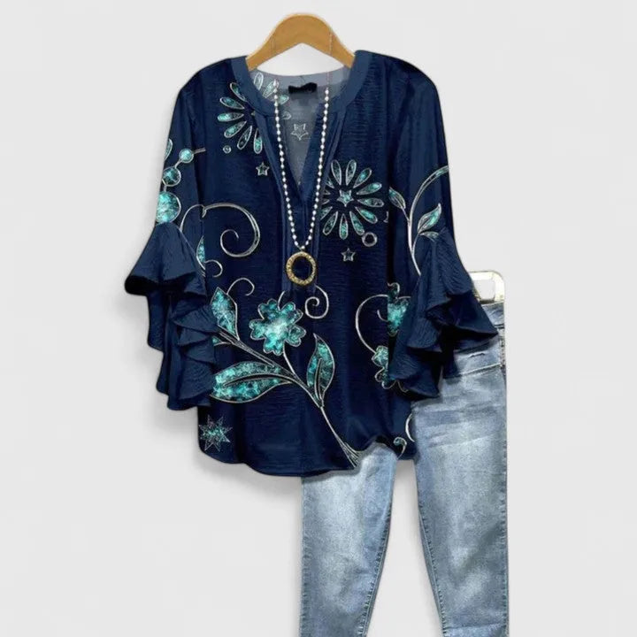 Camille - Chemise imprime floral Blanc Bleu - Meralie Boutique