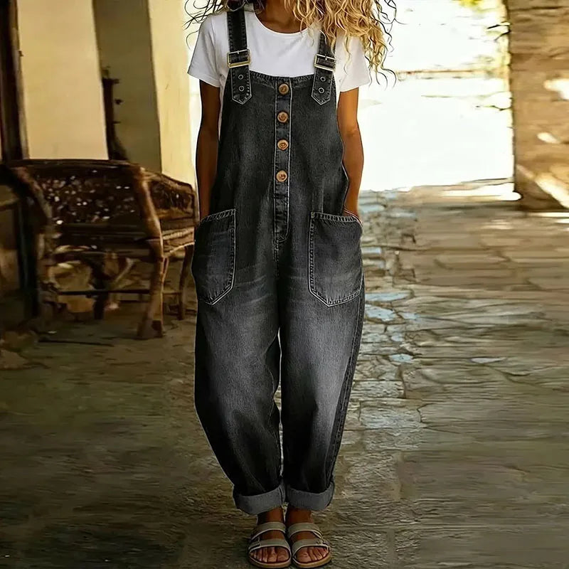 Saylor - Salopette denim bretelles ajustables Noir - Meralie Boutique