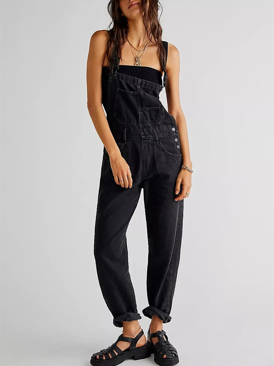 Riley - Salopette denim classique Noir - Meralie Boutique