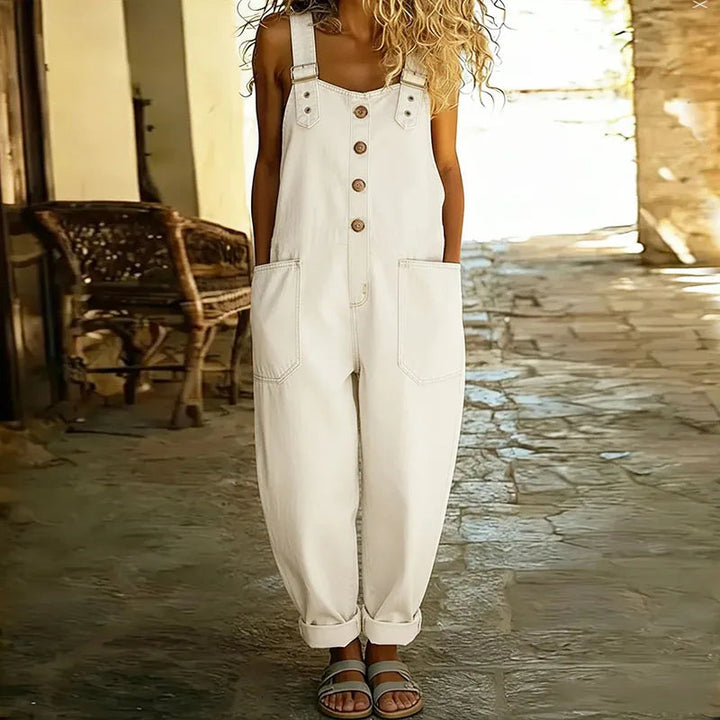 Saylor - Salopette denim bretelles ajustables Blanc - Meralie Boutique